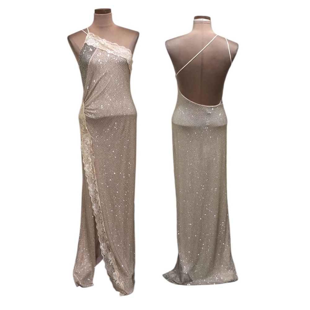 NWT Self-Portrait Formal Maxi Dress Size 6 Champagne Rhinestone Lace Gown